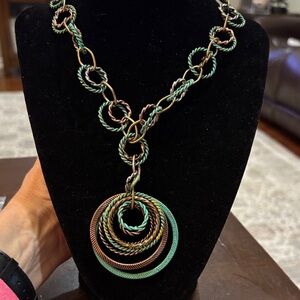 Twisted Multi-Ring Pendant Necklace - Green & Bronze